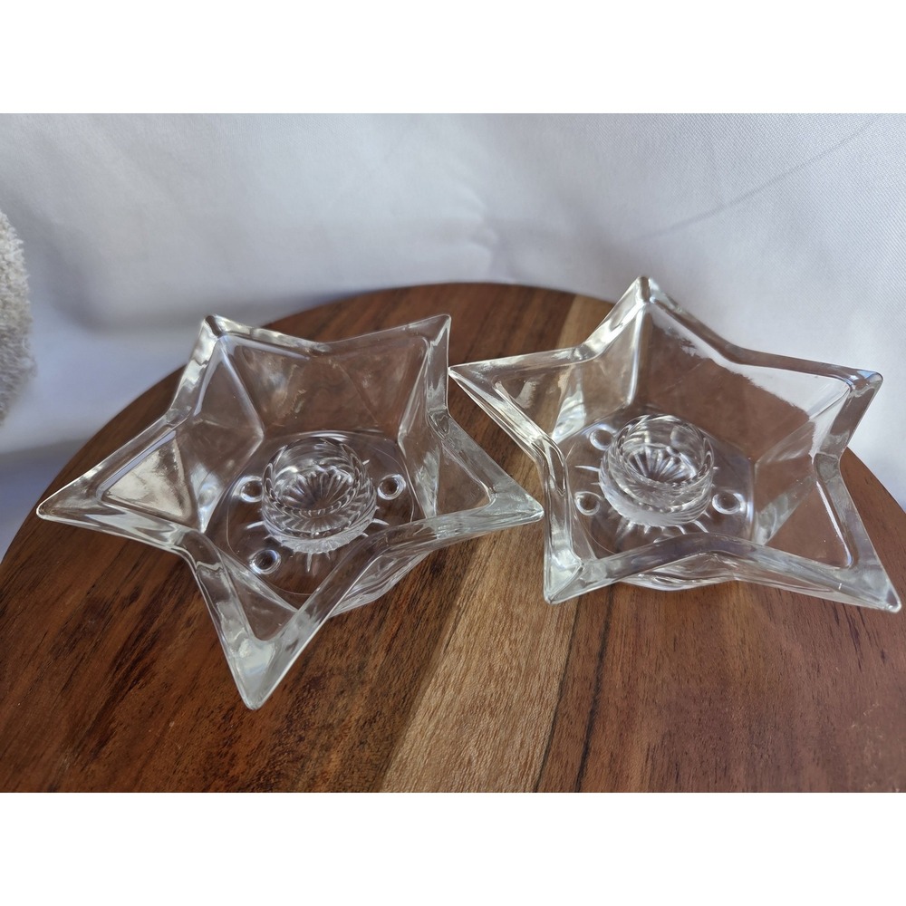 Vintage Clear Pressed Glass Star Candle Holders Pair Taper Votive Set of 2